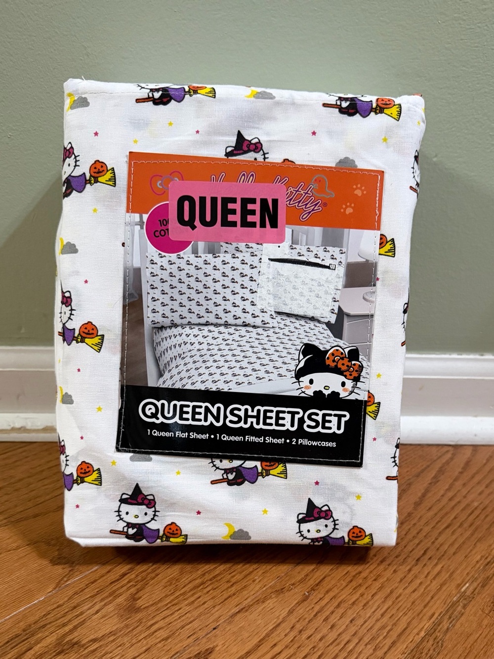 Hello Kitty Queen Sheet Set - White with Purple, Orange, Yellow Accents